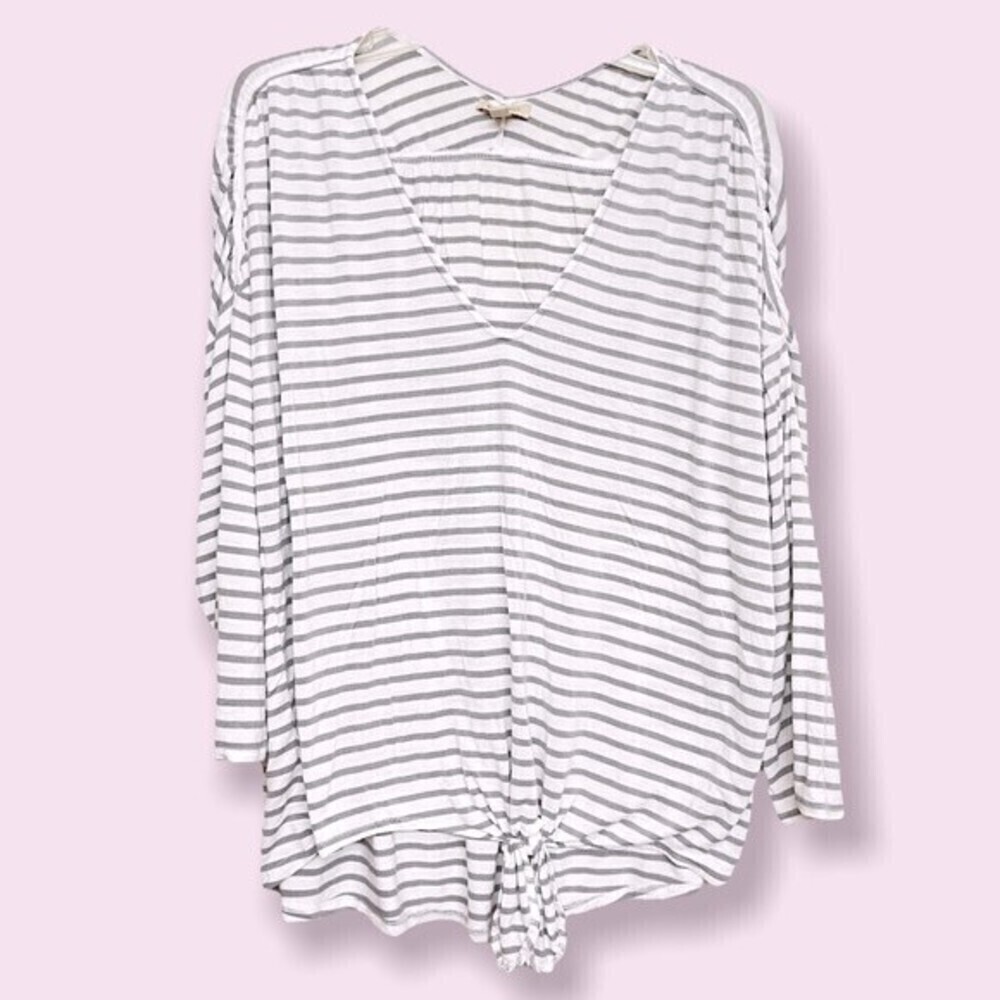 Bordeaux Coastal Striped Long Sleeve Top White Gray 3/4 Sleeves Size Large